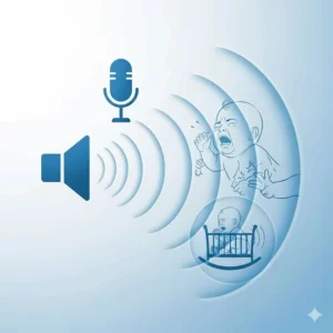 A visual representation of sound detection technology, with a speaker icon and a microphone icon surrounded by a sound wave graphic, indicating the speaker's ability to detect a baby's cries or movements.