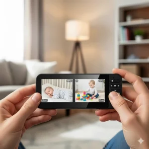 A close-up shot of a parent holding a compact split-screen baby monitor, with a soft-focus background of a living room. The image emphasizes the monitor's portability and ease of use.