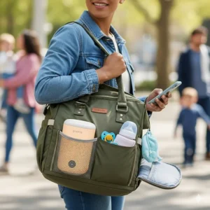 A busy parent effortlessly carrying a portable milk warmer in a diaper bag alongside other baby essentials.