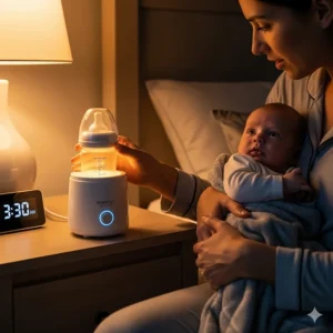 A parent using a bottle warmer to quickly and safely heat a glass bottle for their baby during a nighttime feeding.