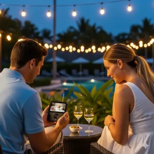 A couple watches their baby on a travel baby monitor while relaxing on a patio at a vacation rental.