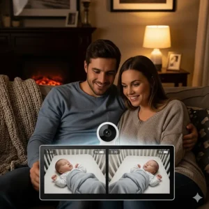 A parent couple smiling and looking at a split-screen baby monitor in their living room, which shows their baby twins in their cribs. The scene is cozy and comforting.