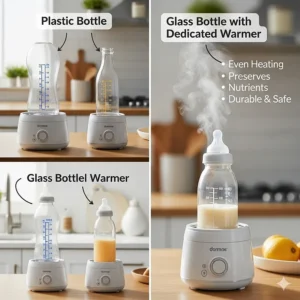 A visual comparison showing how different bottle warmers accommodate both plastic and glass bottles, highlighting the benefits of using a glass bottle with a dedicated warmer.