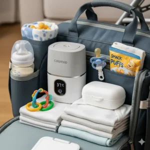 A portable baby bottle warmer fits neatly into a diaper bag alongside other essential baby items, demonstrating its compact size.