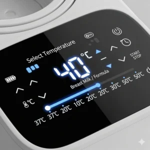 A close-up of a digital screen on a portable bottle warmer displaying a range of adjustable temperature settings for breast milk or formula.