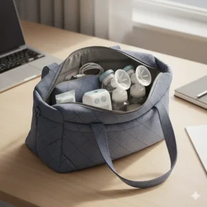 A portable breast pump and accessories neatly packed in a discreet working mom pumping bag.