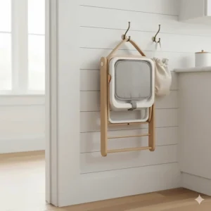 Portable high chair hanging on a wall hook, illustrating easy storage and minimal footprint.