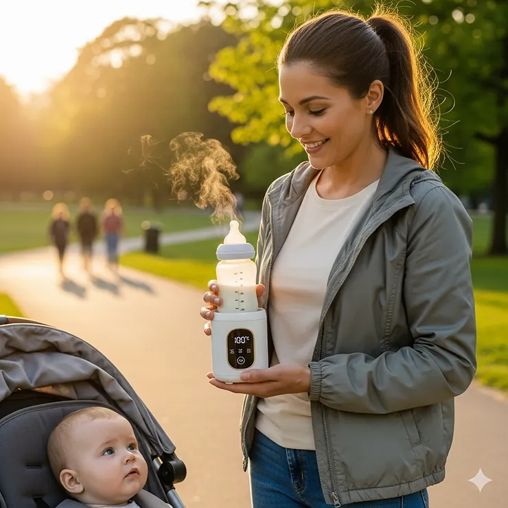 A parent using a portable milk warmer to quickly heat a baby bottle, illustrating the convenience and ease of use on the go. best portable milk warmer