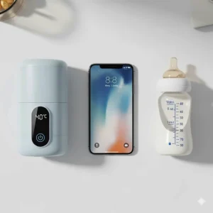 A visual comparison of a compact portable baby bottle warmer next to a smartphone and a standard-sized baby bottle, highlighting its small size.