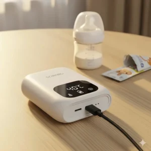 A portable milk warmer with a USB-C cable plugged in, showing its modern and convenient charging method.