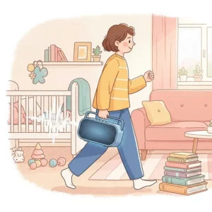 An illustration of a parent carrying a small, portable speaker from one room to another, emphasizing the convenience and flexibility of using portable speakers that can work as a baby monitor.