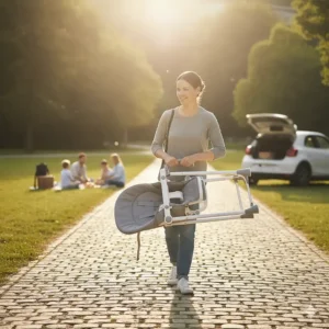 A lightweight folding high chair being carried by its handle, illustrating its portability for travel.
