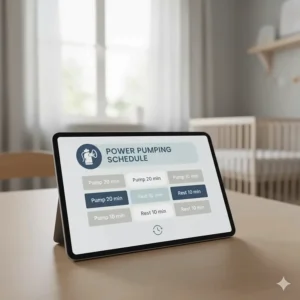 Infographic showing a sample power pumping schedule using a breast pump to stimulate supply for successful relactation.