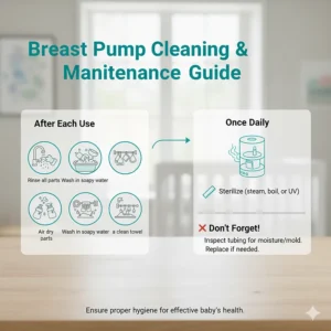 Steps for easy cleaning and maintenance of common breast pump parts and accessories.