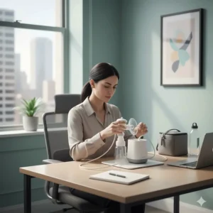 Working mom setting up her breast pump and supplies in a private, comfortable office lactation room.
