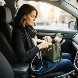 Parent discreetly using their pump while traveling, with the breast pump purse set up next to them in the car.