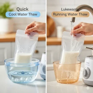 An image demonstrating quick and safe methods for thawing a frozen breast milk bag before placing it in a warmer.