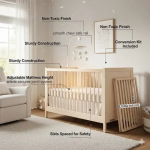 An image highlighting the key safety features of cribs with conversion kits, such as non-toxic finishes and sturdy construction.