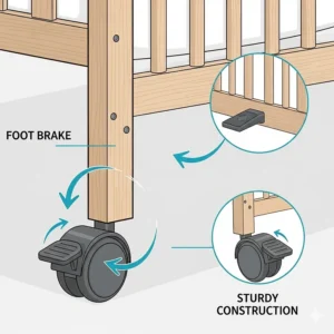 A graphic detailing the safety features of a crib with wheels, including a foot brake and sturdy construction.