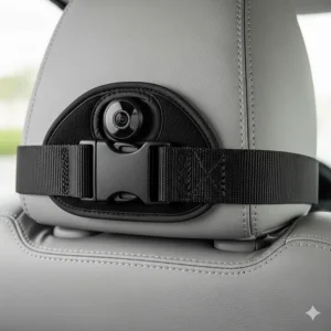 A close-up of the secure mounting strap or clip for a baby car camera on a vehicle headrest.