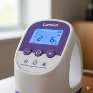 A close-up view of the Lansinoh SignaturePro breast pump's control panel, highlighting its customizable suction and cycle settings for personalized pumping.