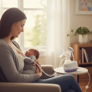 A side view of a mother pumping with the Lansinoh SignaturePro, demonstrating the compact and ergonomic design.