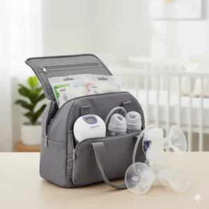 The complete Lansinoh SignaturePro breast pump kit, including the stylish tote bag, making it a portable solution for pumping on the go.