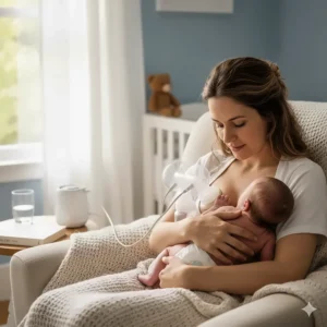 Mother enjoying skin-to-skin contact with her baby while using a breast pump to encourage hormones during relactation.