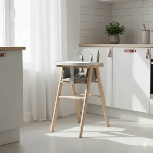 Stylish, minimalist high chair designed specifically for a small apartment kitchen.