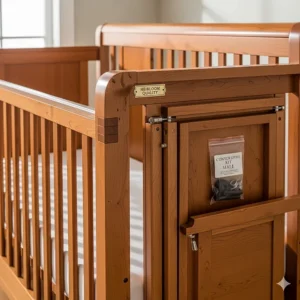 A close-up of a high-quality, solid wood crib with a conversion kit, showcasing the durability and craftsmanship.