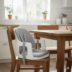 Space saver booster seat that straps securely onto a standard dining chair.