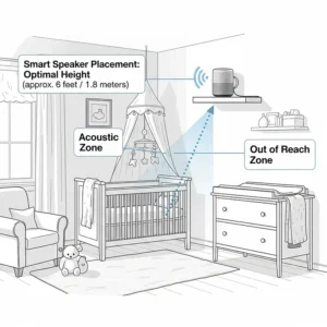 A diagram illustrating the optimal placement of a smart speaker in a baby's nursery, positioned to effectively pick up sounds while being safely out of reach.