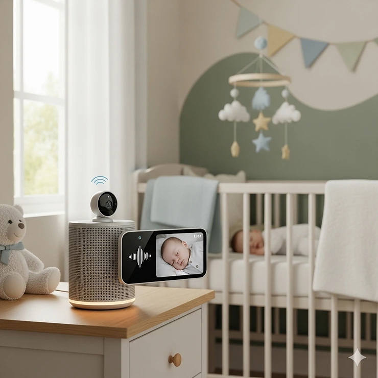 A high-quality image of a modern speaker system playing soft music in a baby's nursery, demonstrating how these speakers can also function as a baby monitor. The image highlights the device's dual functionality for sound and monitoring.