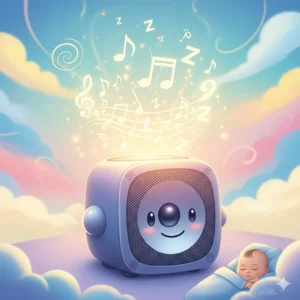 A cheerful illustration of a speaker with musical notes floating out, representing its ability to play soothing lullabies and white noise to help a baby sleep.
