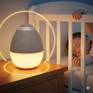 An illustration highlighting a speaker with an integrated night light, a common feature in many speakers that work as a baby monitor, providing gentle illumination.