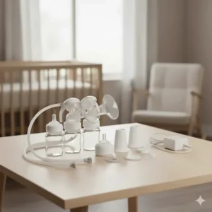 Image showing the full set of accessories, including the flanges and backflow protector, that comes with the Spectra S1 and S2 breast pump kits.