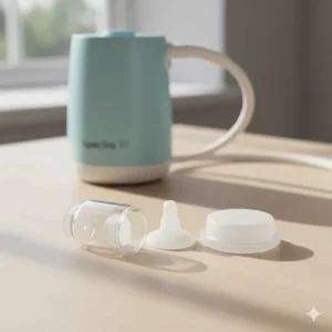 Image of the disassembled backflow protector from the Spectra S1 breast pump kit, emphasizing the closed-system hygiene feature.