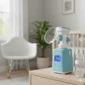 Close-up image of the Spectra S1 Plus breast pump, showing its signature blue color and the built-in rechargeable battery.