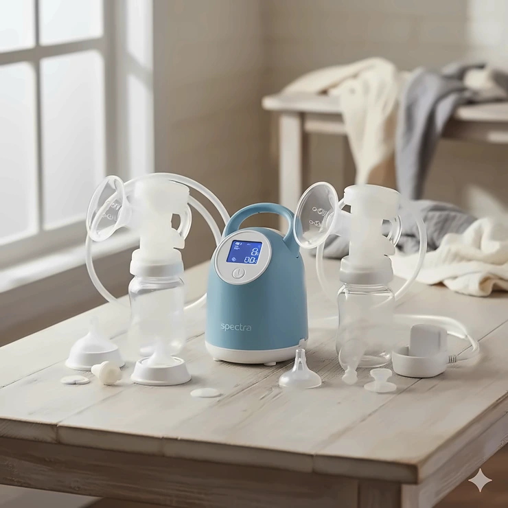 Complete Spectra S1 breast pump kit laid out, showing the blue pump unit, two flanges, bottles, tubing, and accessories, ready for use.