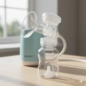 Detailed illustration showing the correct assembly of the Spectra S1 breast pump wide-neck flange, duckbill valve, and milk collection bottle.