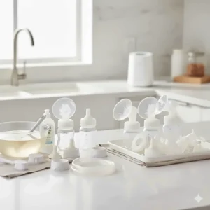 Visual guide on how to properly clean and sanitize all the washable parts of the Spectra S1 breast pump kit, including flanges and bottles.