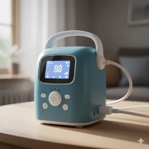 Close-up of the Spectra S1 Plus breast pump motor unit, highlighting the LCD screen, cycle and vacuum buttons, and portable, rechargeable design.