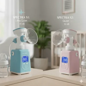 A visual representation comparing the quiet operation and noise level of the Spectra S1 vs S2 breast pump for discreet pumping.