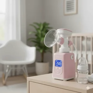 Detailed photo of the pink Spectra S2 Plus breast pump, highlighting its quieter motor and simple, intuitive controls.