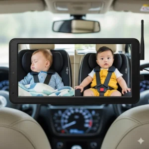 A baby car camera monitor showing a split-screen view of two babies in different car seats.