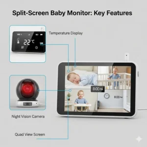 An infographic illustrating key features of a split-screen baby monitor, including clear images of a monitor with temperature display, a baby camera with night vision, and a monitor screen showing four cameras simultaneously.