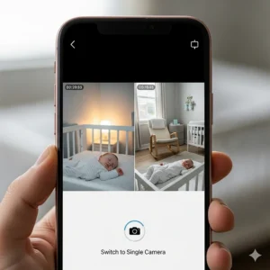 A smartphone screen showing a split-screen view from a baby monitor app. The user interface displays live feeds from two different cameras and an icon to switch to a single camera view.