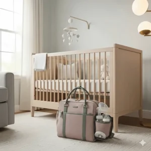 A stylish breast pump bag with a modern design, shown next to a baby's crib in a well-lit nursery, highlighting its practicality and aesthetic appeal for new mothers.