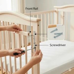 A clear illustration showing the next step in the conversion process: unscrewing and removing the front rail to transform the crib into a toddler-friendly bed.