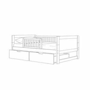 A line drawing of a convertible toddler bed with built-in drawers underneath, highlighting the practical storage solutions this type of furniture can offer.